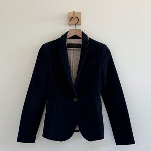 Zara Navy Velvet Blazer with Camel Colored Elbow Patches